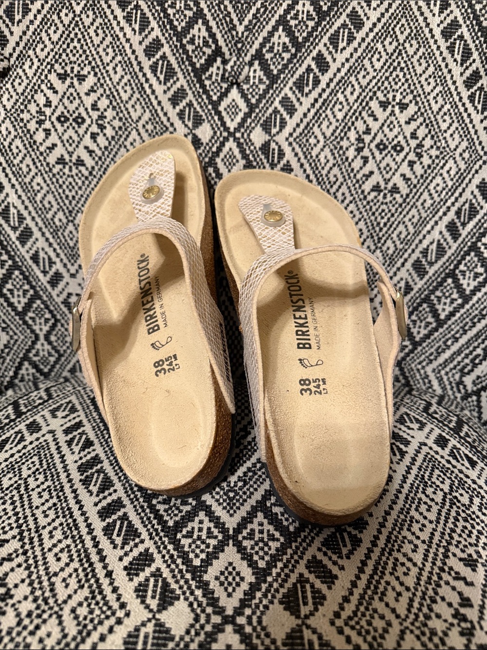 Birkenstock Gizeh Snake-Print Thong Sandals in Light Beige with Gold Buckle - Picture 2 of 4